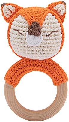 Wooden Baby Rattle Crochet Fox Baby Toys Handmade Newborn Toy Early Development Grips Stuffed Animal Organic Rattle by bopoobo