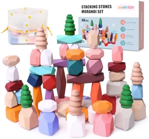 48 Pcs Wooden Stacking Rocks Building Blocks Montessori Toys for 3 Year Old by YHHYTOY