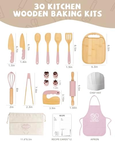Wooden Kids Cooking Set Montessori Kit - Real Toddler Kitchen Tools & Baking Utensils - 30PCS Cooking Kit for Kids with Storage Bag, Great Gift for Pretend Play & Montessori Learning (Pink) - Image 2
