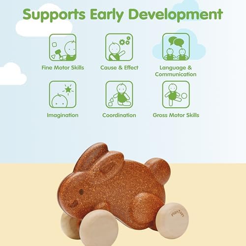 PlanToys® Brown Push Along Bunny Wooden Montessori Movement Toy for Kids - Image 4