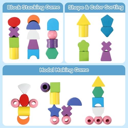 3 in 1 Montessori Wooden Beads Sequencing Toy Set Color Sorting Stacking Geometric Shape Matching Game Beads Sequencing Toy Lacing Beads Stem Fine Motor Skills for Toddlers - Image 4