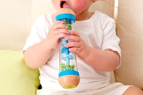 Hape Beaded Raindrops | Mini Wooden Musical Shake & Rattle Rainmaker Toy, Blue, Model Number: E0328B - Image 5