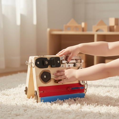 DYNWAVE Children Learning Board Wooden Busy Board Activity Board Sensory Board with Locks Buckles Buttons and Zippers for Hand Eye Coordination Folding Portable Case Suitable for Travel car Rides - Image 6