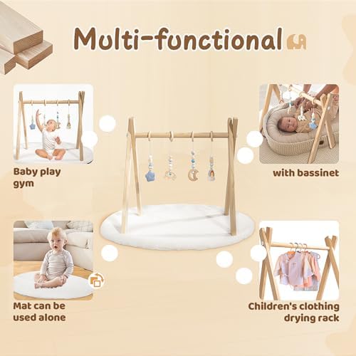 Wooden Baby Play Gym with Activity Mat, Foldable Baby Gym Frame with Hanging Sensory Toys for Newborn, Tummy Time Playground - Image 6