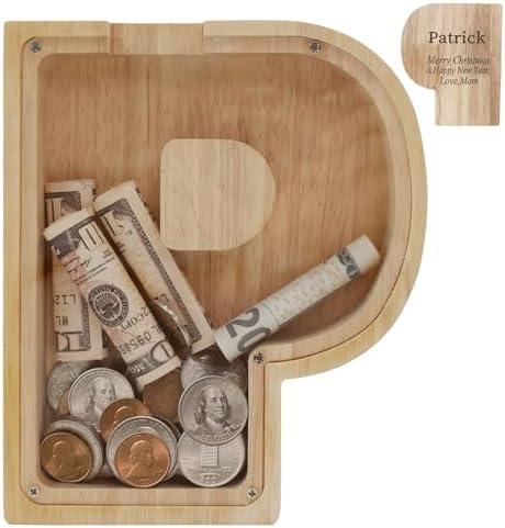 Wooden Letter Piggy Bank for Kids Boys Girls,Personalized Piggy Bank (Laser Engraving),A-Z Letters Coin Bank Money Box Customized Name, for Family Christmas Birthday Gift (P) by FINDAMAZE