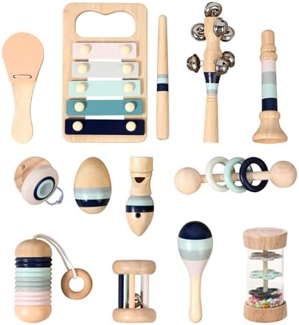 12 PCS Wooden Baby Musical Instruments Set, Montessori Style Sensory Percussion Toys for 0-3 Years, Neutral Boho Shakers & Rattles, Non-Toxic Natural Wood Early Learning Gift for Infant Boys Girls by WODIWOODENTOYS