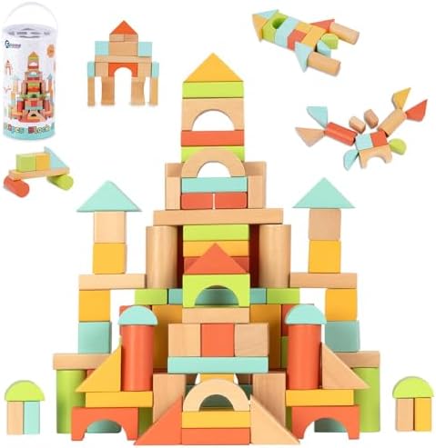 FCSONU Wooden Building Blocks for Toddlers 1-3, 100Pcs Kids Wood Blocks Set by FCSONUMontessoriToys