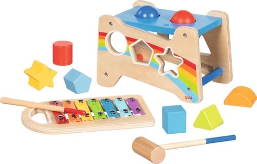 goki 58304 Hammer Bench with Xylophone and Sorting Function, 12-Piece Wooden Motor Skills Toy with Removable Wind Chime - 3-in-1 Knock Bench, Sorting Box, Xylophone - Image 6