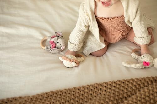 Wooden Baby Rattle - Bunny - Newborn - Crochet - Cream, White, Pink - Image 6