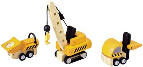 PlanToys 3 Piece Road Construction Vehicle Set (6087) | Sustainably Made from Rubberwood and Non-Toxic Paints and Dyes by PlanToys