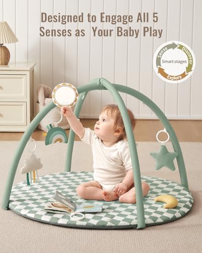 Blissful Diary Baby Play Gym Mat, Play Mat Activity Mat with 6 Detachable Toys for Stage-Based Sensory & Motor Skill Development, Easy to Install & Clean, Baby Essentials Gift, Sage Checkerboard - Image 2