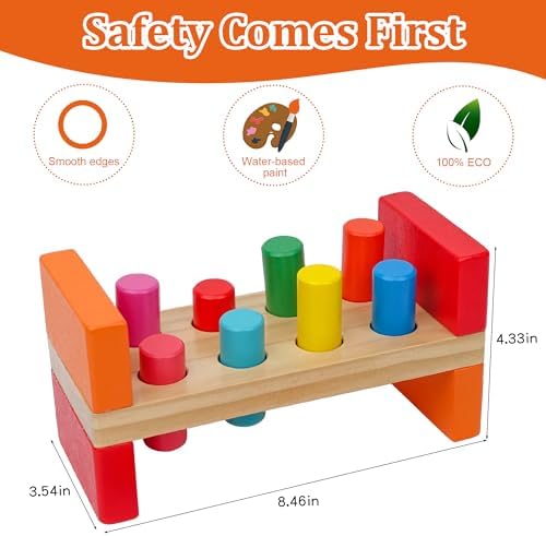 Hidoggy Wooden Hammer Toy for Toddlers 1-3, Montessori Pounding Bench Toy with 8 Pegs and Mallet for Hand-Eye Coordination, STEAM Toddler Toy - Image 6
