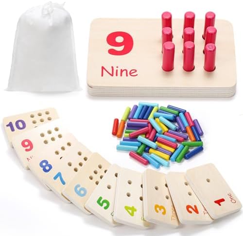 Wooden Counting Peg Board, Kindergarten Math Manipulatives Number Counting Toys, Learning Activities Montessori Educational Toys for 3 4 5 Year Old Kids Boys Girls Gifts by Suwimut