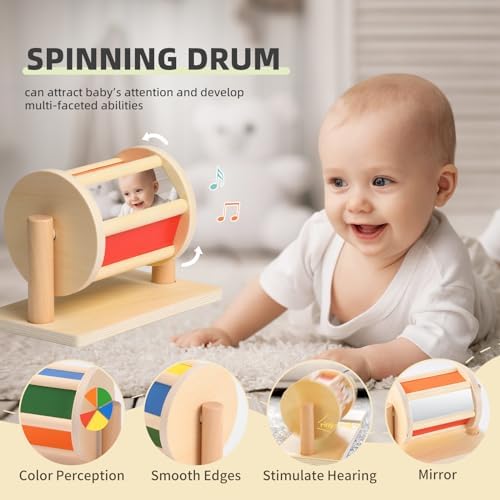Toyssa Montessori Toys for Babies 0-6 Months, 6 in 1 Wooden Learning Educational Sensory Toys with Spinning Drum & Tummy Time Mirror & Baby Rattle & Flash Card, Birthday Gifts for Babies Boys Girls - Image 3