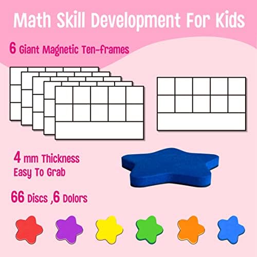 Magnetic Ten-Frame Set, 6 Frames & 66 Colorful Star-Shaped Counters Ten Frame Math Games Manipulative Counting Toys for Kindergarten Preschool, 6 Colors & 2 Markers (Fridge & Hand-held) - Image 2