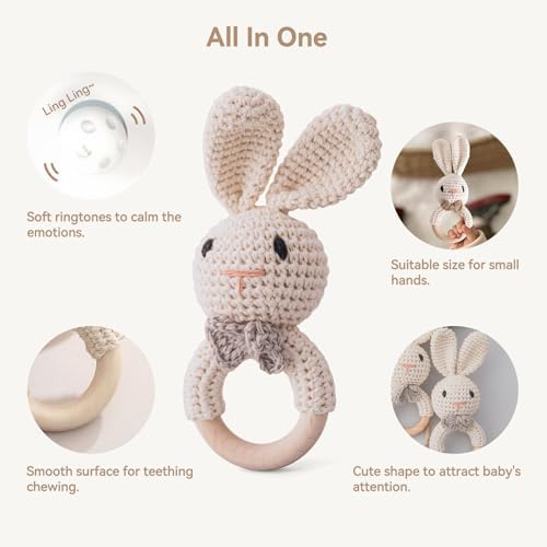 Crochet Baby Rattle, Baby Shaker Toy, Baby Rattles 0-6 Months, Handmade Newborn Toys, Easter Bunny Rattle, Animal Baby Rattle，Knitted Stuffed Animals Gifts for Boys and girs Bunny Rattle - Image 4