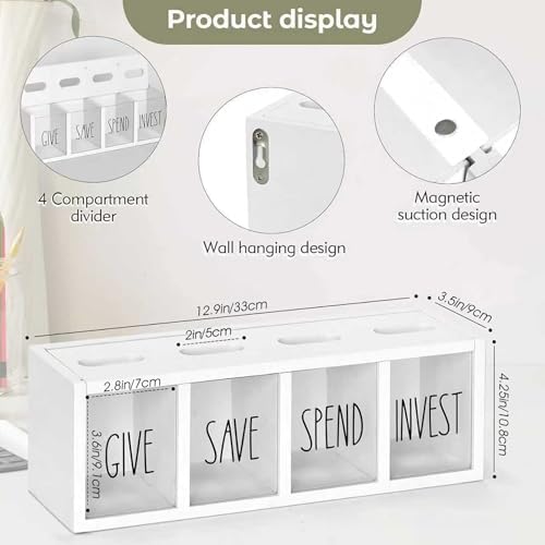 Save Spend Give Bank for Kids, Wooden Money Saving Box with Visual Compartments, 12.9x4.3x3.5 inch Wall-Mounted Montessori Coin Box, White - Image 3