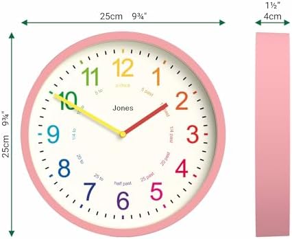JONES CLOCKS® Kids wall Clock | Small Modern Children’s Nursery Clock | 10" | Pink | Colourful dial for Learning to Tell the time - Image 3
