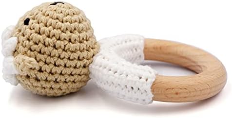 Joliecraft Natural Wooden Baby Rattle Soft Shaker Toy with Teething Ring for Infants Cream Lamb - Image 2
