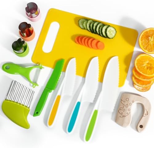 melican Kids Kitchen Knife Set, 11 Pcs Montessori Kitchen Tools for Toddlers 3+ Real Cooking, Include Kid Knives, Crinkle Cutter, Sandwich Cutters, Peeler, Cutting Board, Ideal for Birthday Gifts by melican