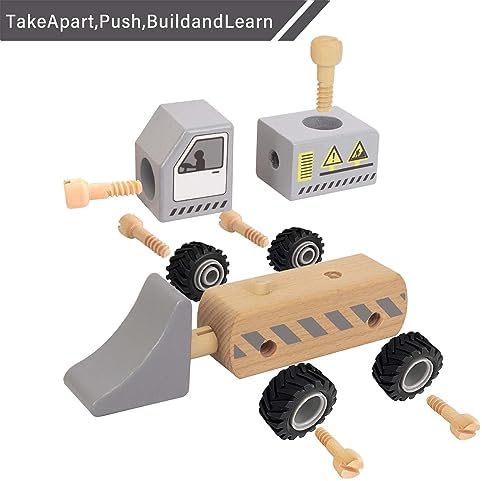 Construction Vehicles for Toddlers, 2 Pcs Wooden Detachable Assemble Bulldozer and Excavator, Kids Vehicle Toys Hand Push Car Toys for 3 Years Old Boys Girls - Image 2