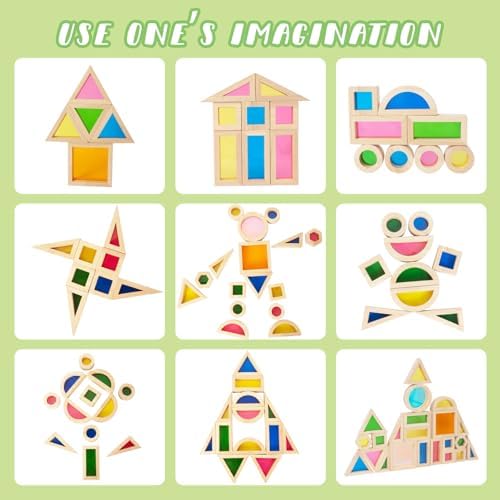 WOODENFUN Wooden Building Blocks Set for Kids, 32 Pcs Rainbow Stacker Game - Image 4