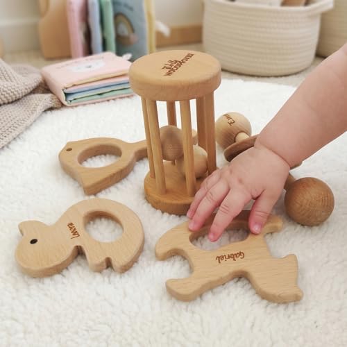 Personalized 5 Pieces Wooden Baby Toys for Babies 0-6-12 Months Rattle, Teethers Customized Wood Teething Toys Gifts for Baby, Teething Toys Baby Rattles 0-6 Months Montessori Toys for Babies - Image 2