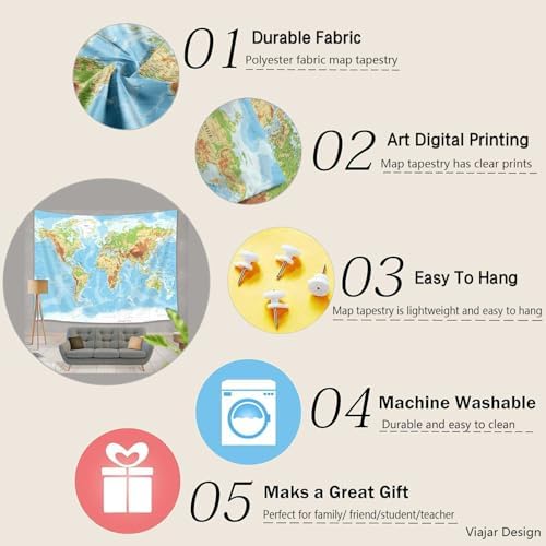 World Map Wall Art for Kids, Educational Tapestry with Countries, Major Cities, Asia, Europe, America, Africa, Japan - 71x60 Inch (Blue) - Image 4