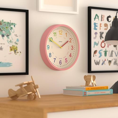 JONES CLOCKS® Kids wall Clock | Small Modern Children’s Nursery Clock | 10" | Pink | Colourful dial for Learning to Tell the time - Image 4