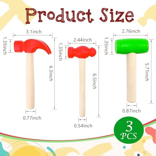 3 PCS Toy Hammers, Wooden Hammer Toys Mallets, Simulation Fake Plastic Maintenance Tools for Birthday Party Supplies - Image 2