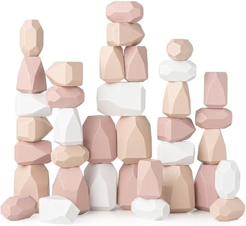 Comfy Cubs Stacking Rocks 36 Pieces, 36 Months+, Educational Toddler Stacking Blocks, Promotes Imagination, Balance & Fine Motor Skills - Wooden Rocks Sensory Toys Gift for Kid, Girl Pack by ComfyCubs