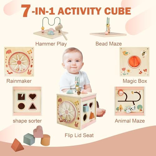Wooden Activity Cube for 1 Year Old | 7-in-1,Montessori Baby Toys,Educational Toy for Toddlers, First Birthday Gift for Toddlers - Image 2