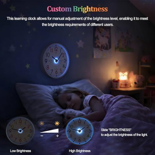 JoFomp Telling Time Teaching Clock, 8 Inch Illuminated Wall Clock for Kids Bedroom, LED Wall Clocks Battery Operated, Silent Learning Clock for Kids, Teachers & Classroom, Light Sensor - Auto Lighting - Image 5