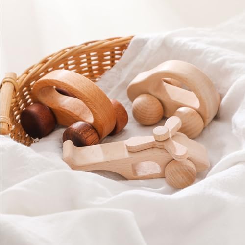 Wooden Baby Car and Airplane Toys,Wood Push Car for Toddler Montessori Baby Grip Toy Car,Gifts for Boys and Girls,Push and Pull Toy Car 3 Pieces - Image 5