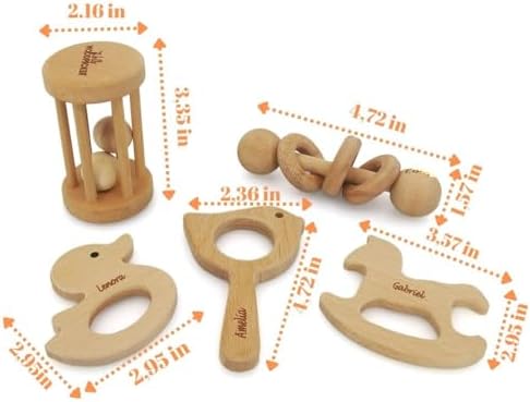 Personalized 5 Pieces Wooden Baby Toys for Babies 0-6-12 Months Rattle, Teethers Customized Wood Teething Toys Gifts for Baby, Teething Toys Baby Rattles 0-6 Months Montessori Toys for Babies - Image 3