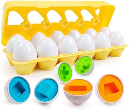 Eggs Toys,Montessori Geometric Egg Early Fine Motor Skills Learning Color Sorting & Shape Sorter Matching Game Easter Basket Stuffers Toys for Toddler Boys Girls Ages 1-3 by FQKIOMY