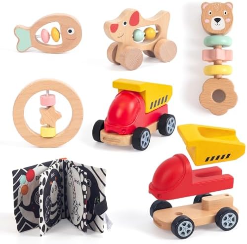 Wooden Rattle for Baby, 6Pcs Montessori Infant Toys Set by WoodenEdu