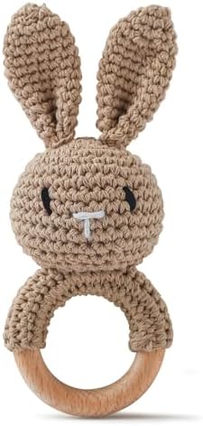 Moyii Natural Wooden Baby Rattle - Organic Crochet Bunny Teether Ring - Montessori Sensory Grasping Toy for Infants 0-12 Months, BPA-Free Handmade Newborn Shower Gift by Unknown