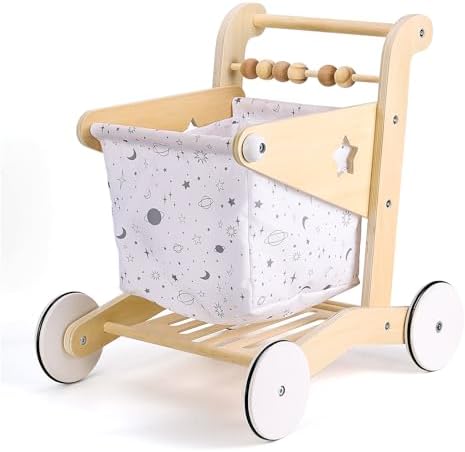 Woodtoe Wooden Baby Walker Doll Stroller, Adjustable Speed Shopping Cart for Toddlers 1-3, Baby Push Walker, Pretend Play Grocery Wagon, Baby Push Toys, Montessori Birthday Toy Gift for 1 2 3 Year Old by Woodtoe