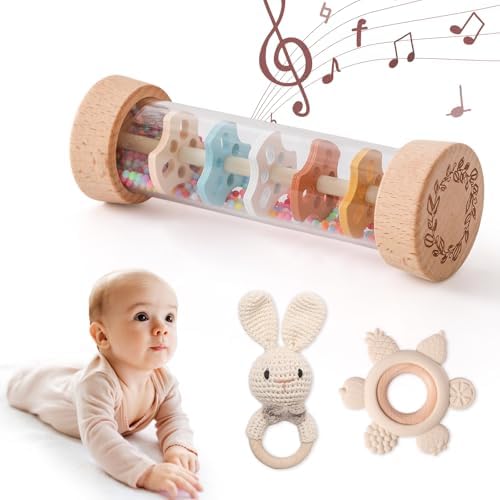 Youuys Wooden Baby Rattle Set (3pcs) - Crochet Rattle Rain Stick Teething Toys, Wooden Montessori Toy for Newborn Infant Baby Rattles Set Toys 3-6-12 Months (Bunny) - Image 6