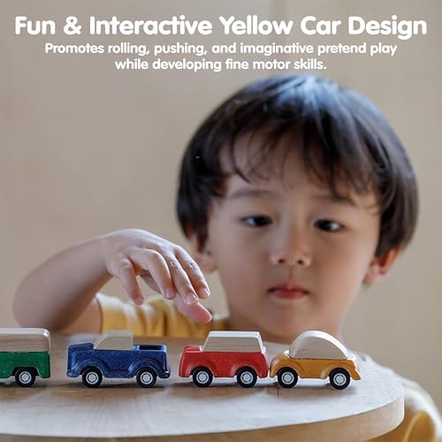PlanToys® Yellow Car Wooden Montessori Vehicle Kids Indoor Outdoor Play Toy - Image 5