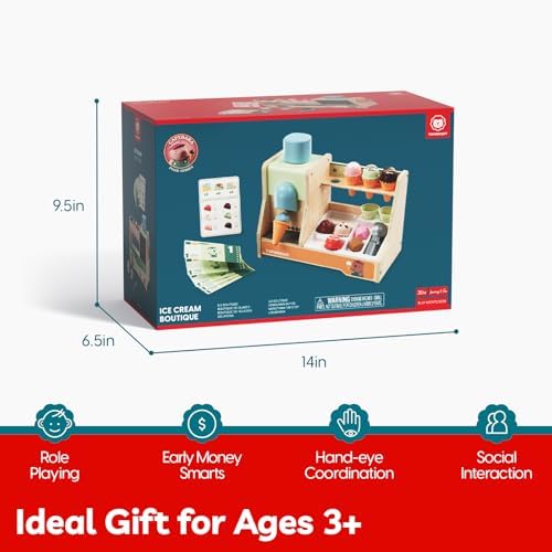 TOP BRIGHT Wooden Ice Cream Set with Scoop, Pretend Play Toy Ages 3+ - Image 3
