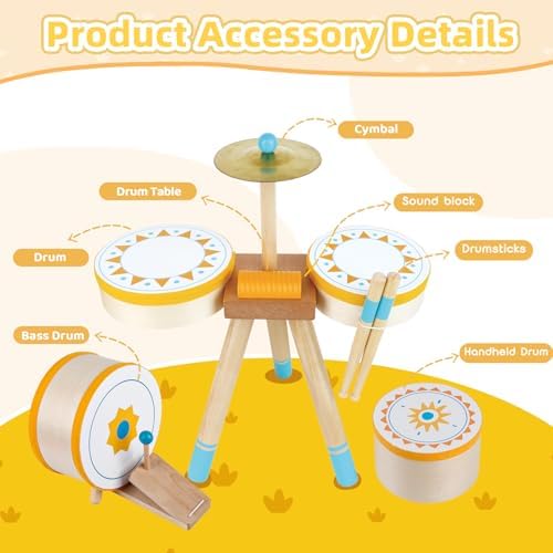 Toddlers Drum Set Toy Kids Wooden Jazz Drum Montessori Musical Instruments - Image 2