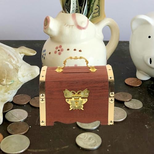 Vintage Wooden Jewelry Box Coin Bank with Lock for Desktop - Image 5