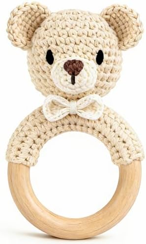 Wooden Baby Rattle, Handmade Crochet Stuffed Animal Organic Rattle Toys, Beige Bear Rattles for Babies 0-6-12 Months with Wood Teething Rings, Baby Announcements Ideas by Unknown