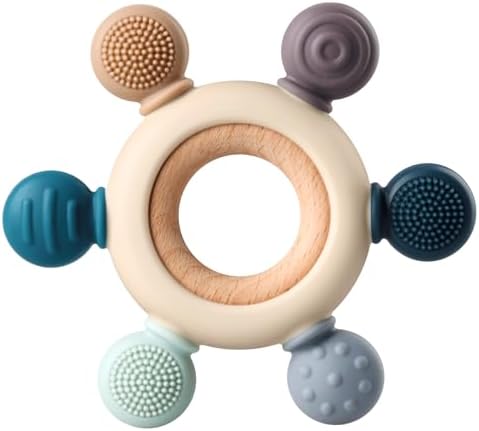 Baby Teething Toys, Silicone Chewable Teethers with Wooden Ring for Soothing Babies Gums, Rudder Chewers Shower Gift for lnfants & Toddlers, 3+ Months (6 Directions, Gray) by Kalovin