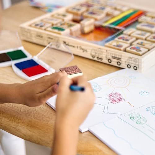 Melissa & Doug Deluxe Wooden Stamp and Coloring Set – Vehicles (30 Stamps, 6 Markers, 2 Durable 2-Color Stamp Pads) - Image 5