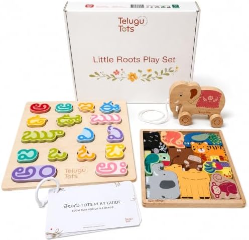 Little Roots Play Set – 3-in-1 Wooden Telugu Heritage Toy Box for Toddlers 18M+ – Telugu Alphabet Puzzle, Animal Puzzle & Elephant Pull Toy – Montessori Bilingual Gift Set by TeluguTots