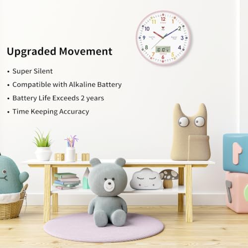 Foxtop Digital and Analog Learning Clock for Kids -Teaching Clock 12" Pink - Image 5