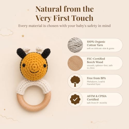 Néa Archí Crochet Baby Rattle, Organic Cotton & Beech Wood, Bee - Image 5